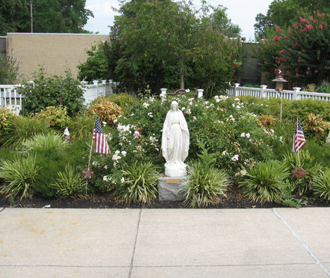 Statue in Front of White Flowers